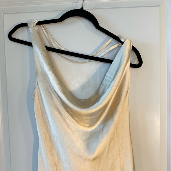 NEW Meshki Gold Satin Asymmetrical Draped Low Back Maxi Slip Dress, Size S & L - Picture 9 of 13